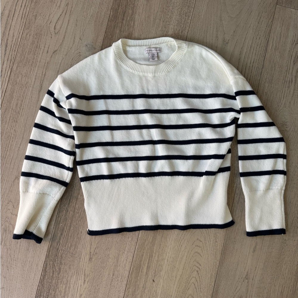 Sincerely Jules Nautical Striped Crewneck Sweater - White with Navy Stripes  M